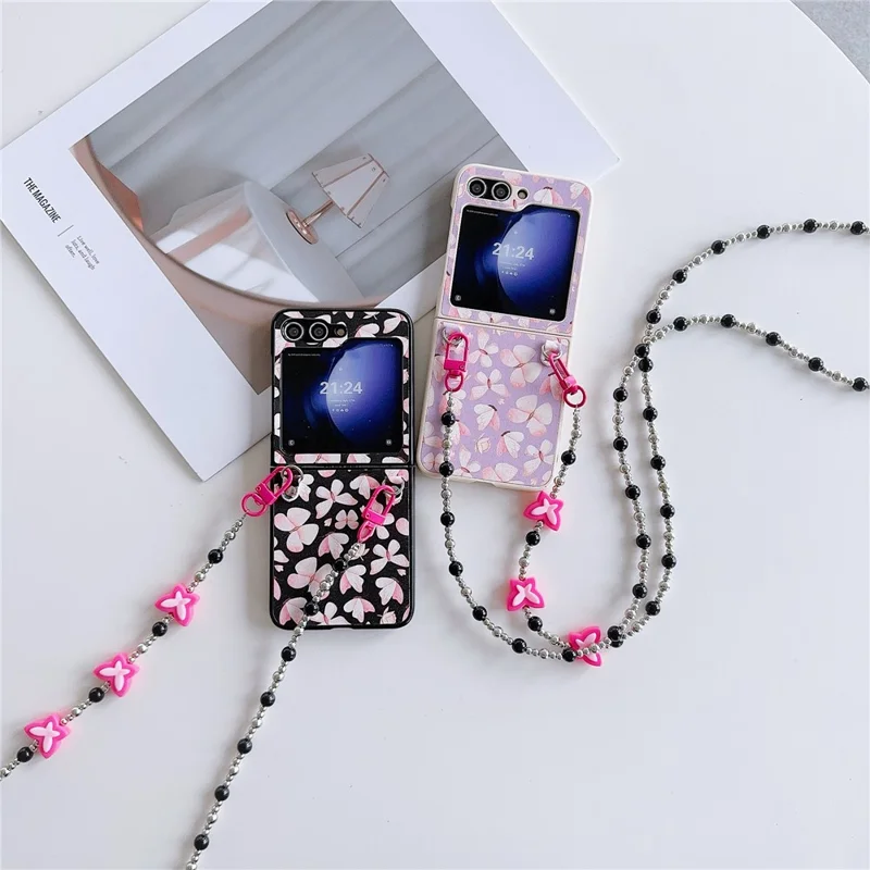 Étui Téléphone Pliant pour Samsung Galaxy Z Flip5 5G, Motif Papillon PU+PC Couvercle avec Sangle Bandoulière à Perles - Rose