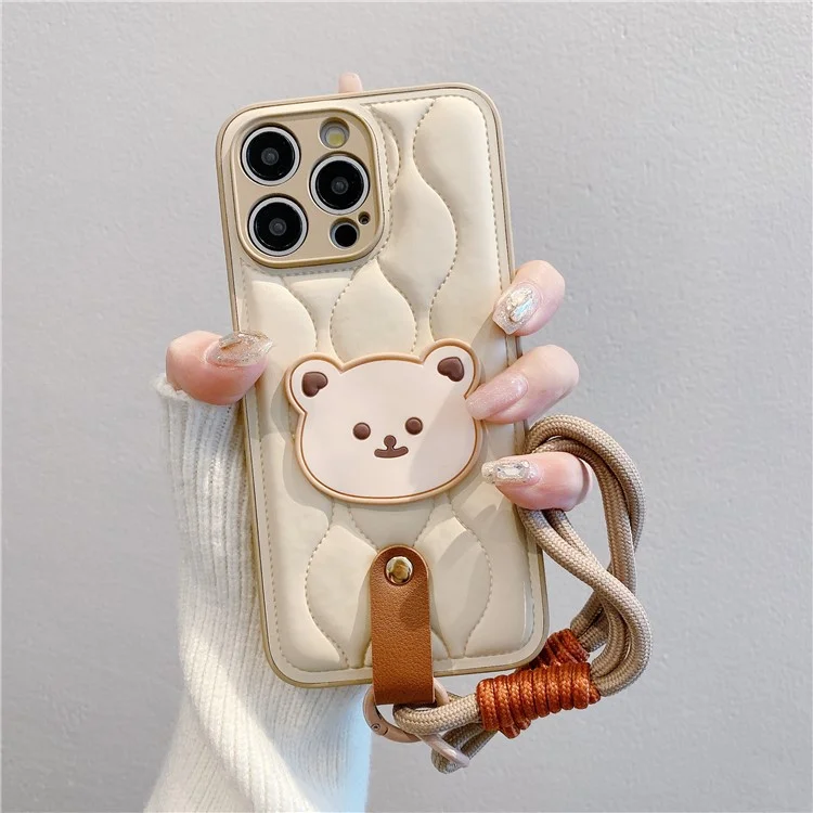 Funda para iPhone 15 Pro Diseño de chaqueta acolchada con oso lindo - Blanco