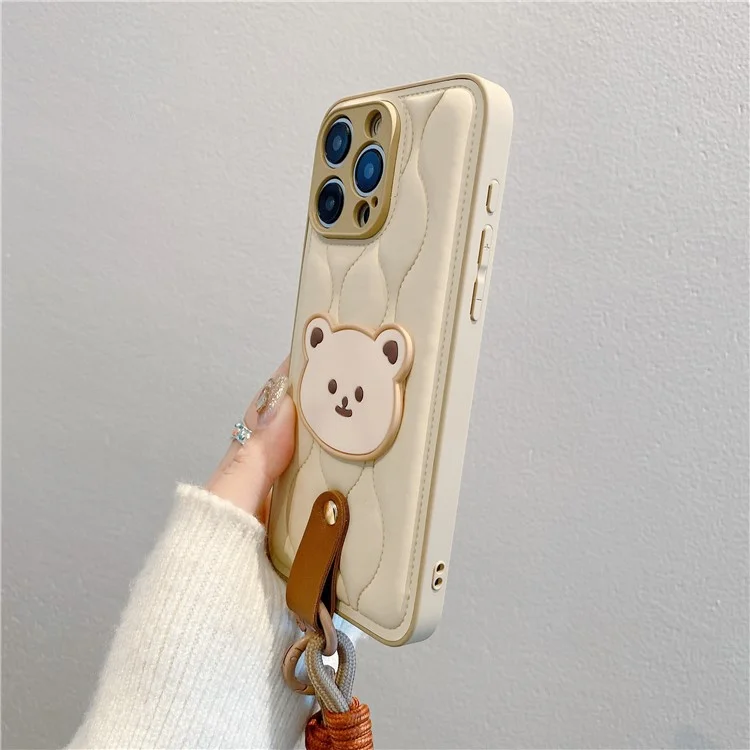 Funda para iPhone 15 Pro Diseño de chaqueta acolchada con oso lindo - Blanco