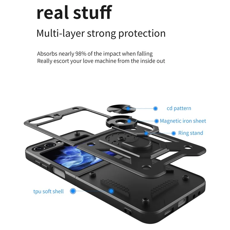Per Samsung Galaxy Z Flip6 5G Case Ring Holder PC+TPU Phone Cover - Nero