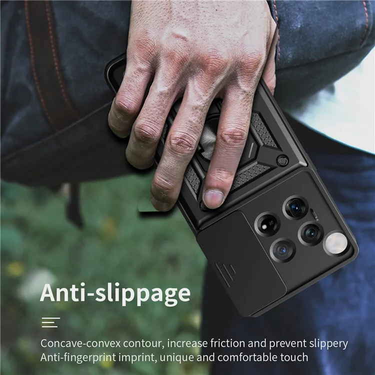 For OnePlus 12 5G Anti-Scratch Phone Shell PC+TPU Phone Cover with Lens Protector+Kickstand - Black