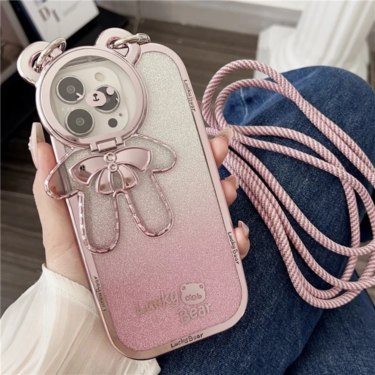 For iPhone 15 Pro Phone Case Electroplated TPU Cover with PC Kickstand+Long Strap - Pink