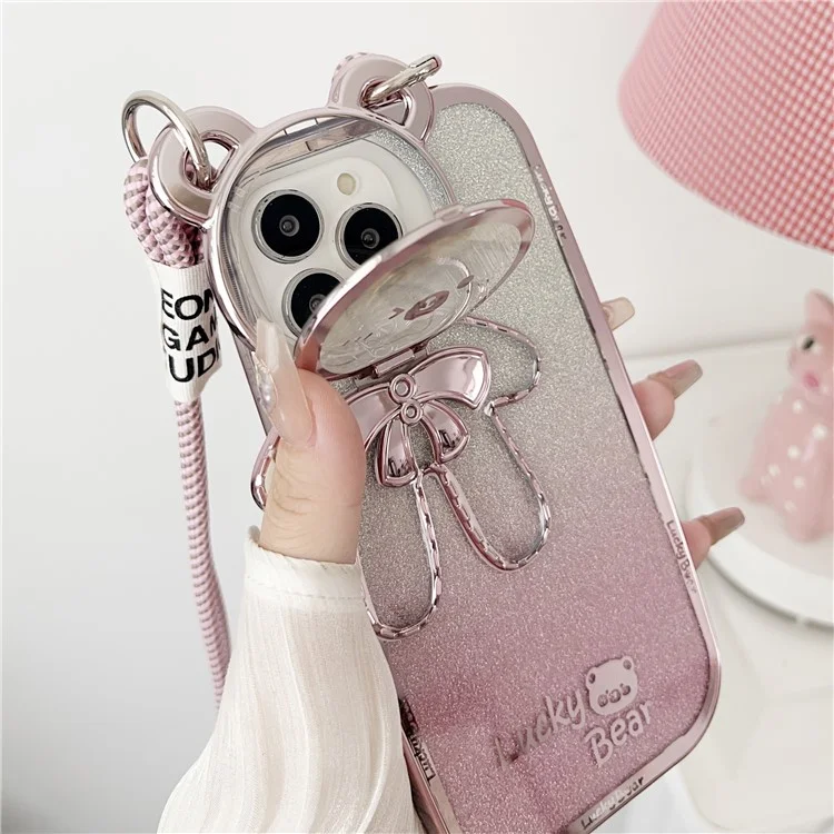For iPhone 15 Pro Phone Case Electroplated TPU Cover with PC Kickstand+Long Strap - Pink