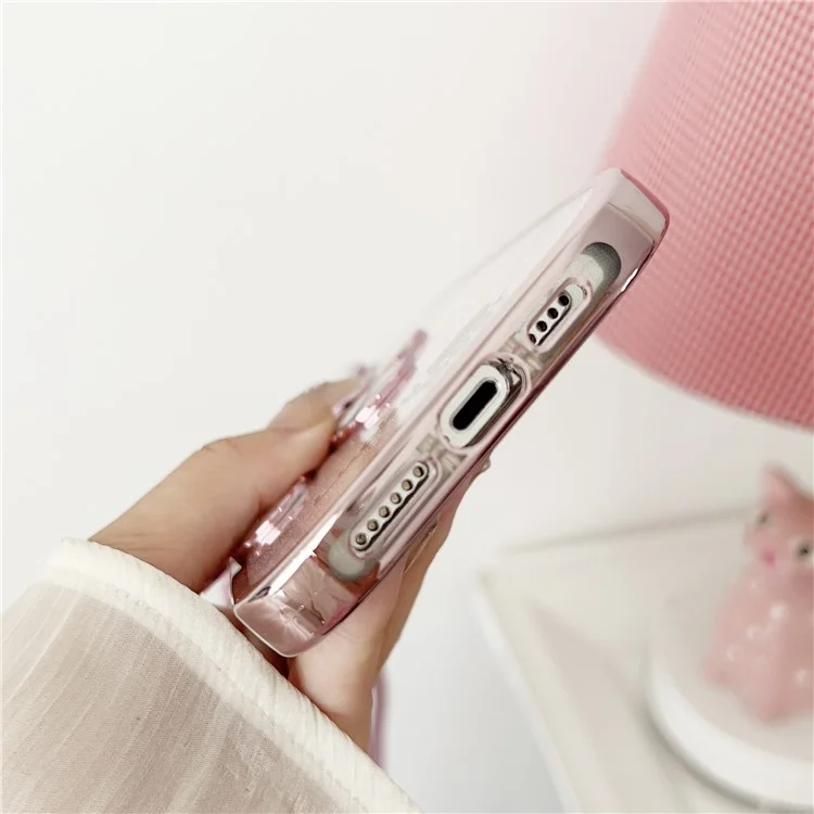 For iPhone 15 Pro Phone Case Electroplated TPU Cover with PC Kickstand+Long Strap - Pink