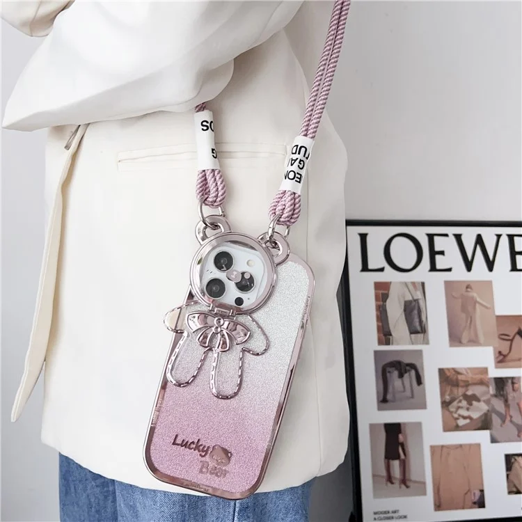 For iPhone 15 Pro Phone Case Electroplated TPU Cover with PC Kickstand+Long Strap - Pink