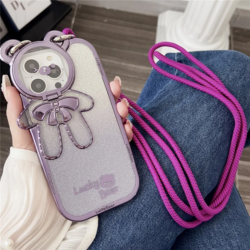 For iPhone 15 Pro Phone Case Electroplated TPU Cover with PC Kickstand+Long Strap - Purple