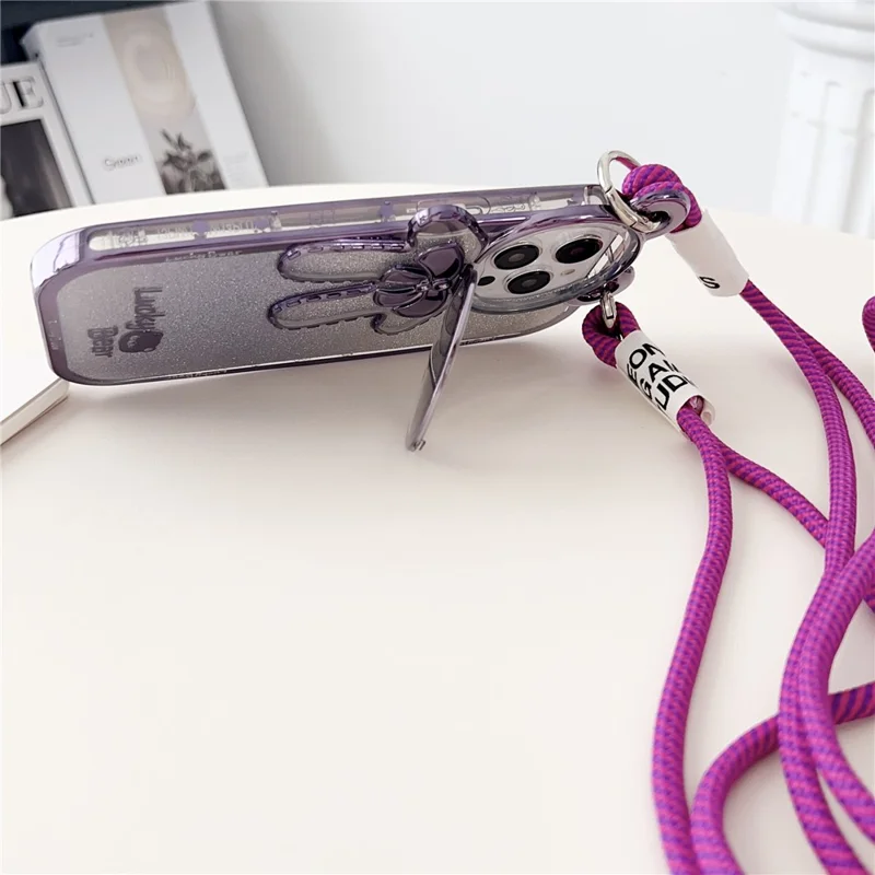 For iPhone 15 Pro Phone Case Electroplated TPU Cover with PC Kickstand+Long Strap - Purple