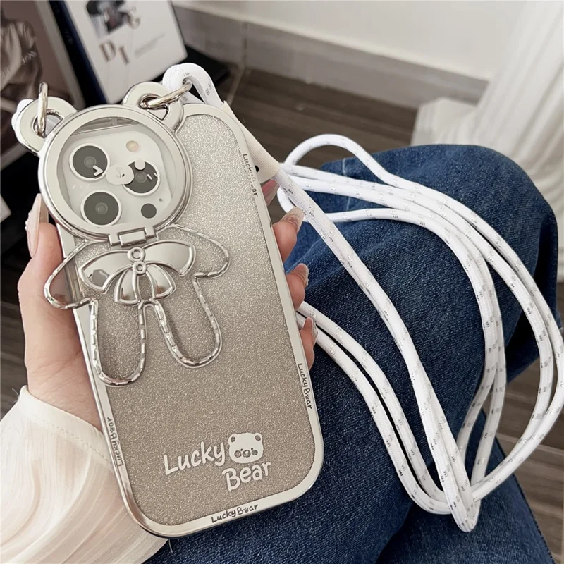 Custodia per iPhone 15 Pro in TPU placcato con supporto in PC e cinghia lunga - Grigio