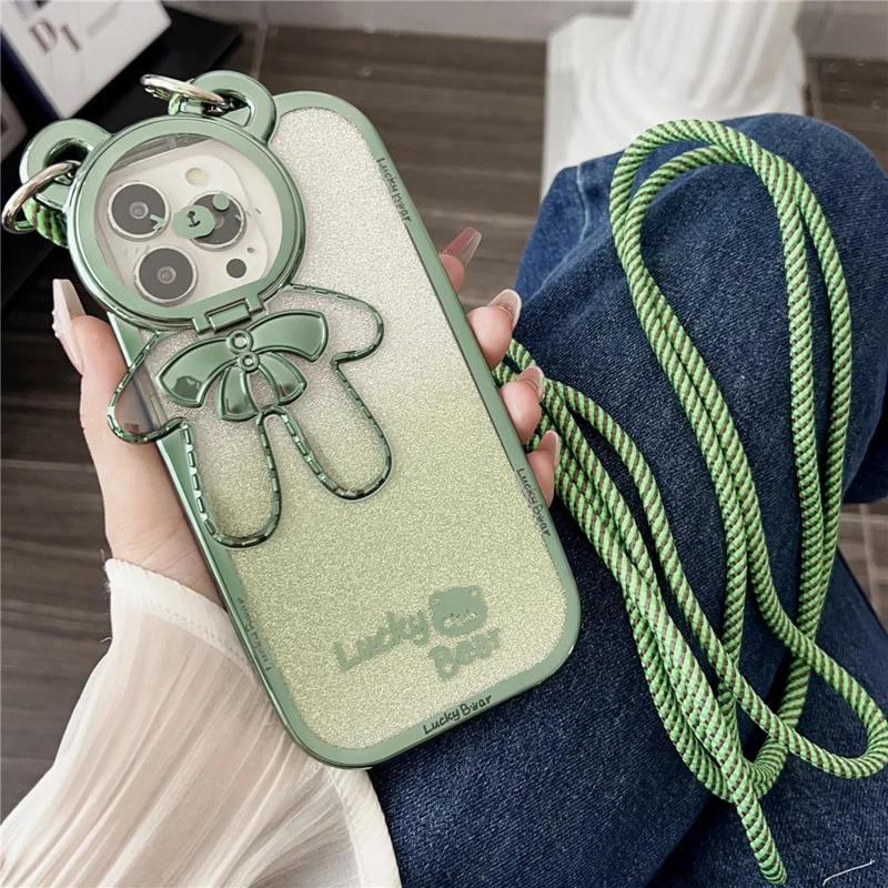 For iPhone 15 Pro Phone Case Electroplated TPU Cover with PC Kickstand+Long Strap - Green