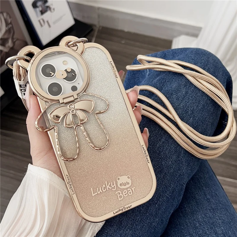 For iPhone 15 Pro Handyhülle Elektroplattierter TPU-Schutz mit PC-Ständer + Lange Schlaufe - Gold