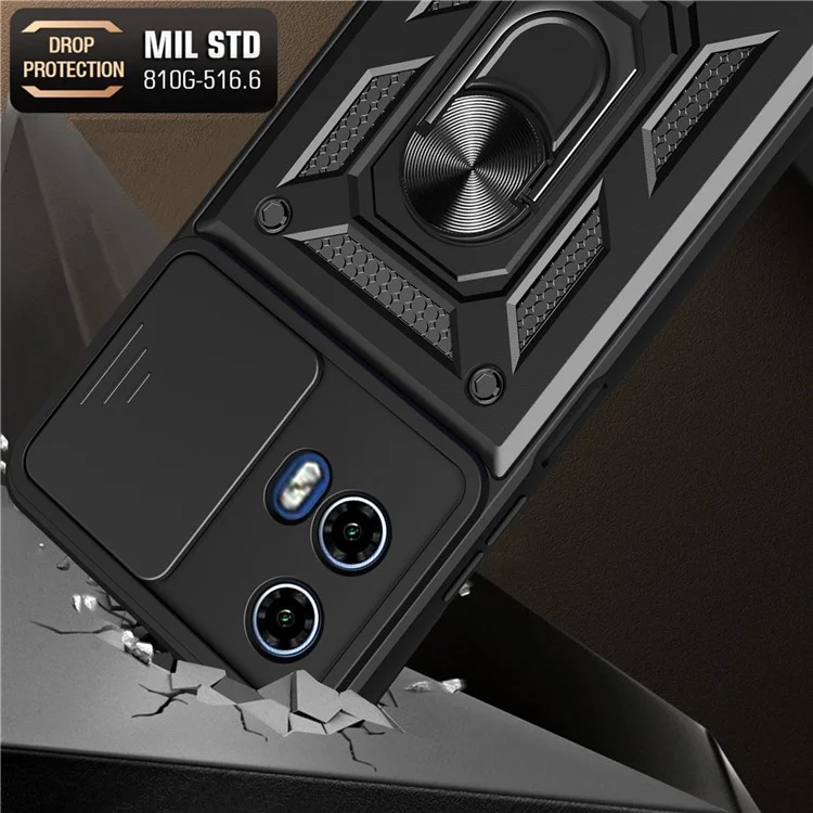 Para Motorola Moto G04 4G / G24 4G Capa de Telefone Shell PC+TPU com Protetor de Lente + Suporte - Preto