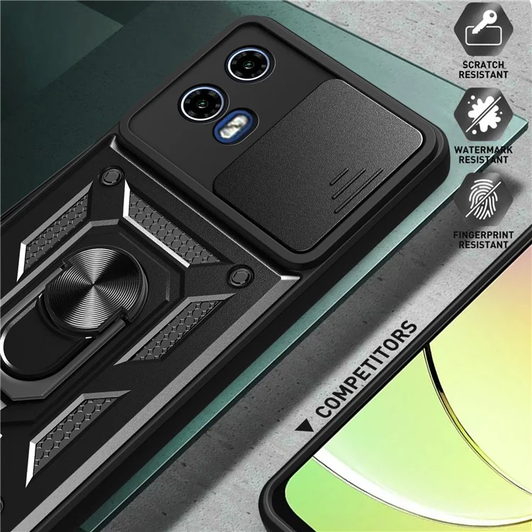 Para Motorola Moto G04 4G / G24 4G Capa de Telefone Shell PC+TPU com Protetor de Lente + Suporte - Preto
