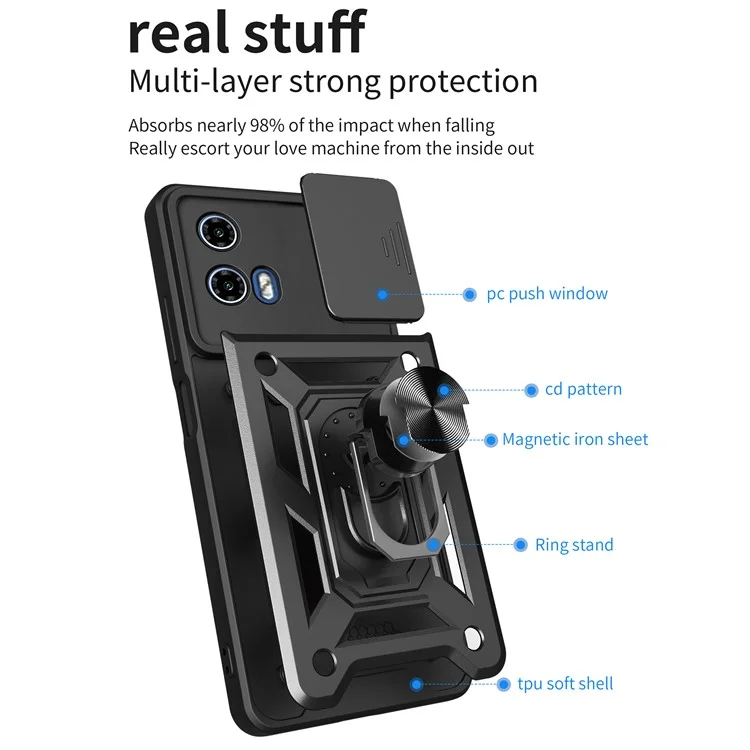Para Motorola Moto G04 4G / G24 4G Capa de Telefone Shell PC+TPU com Protetor de Lente + Suporte - Preto