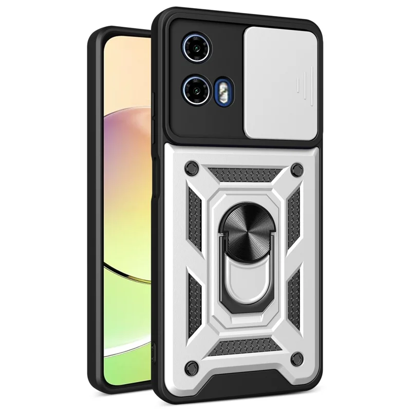 Per Motorola Moto G04 4G / G24 4G Custodia per telefono Guscio PC+TPU con protezione per obiettivo + supporto - Argento
