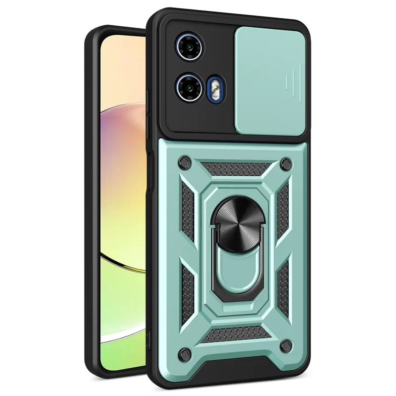 Para Motorola Moto G04 4G / G24 4G Capa de telefone PC+TPU com Protetor de Lente e Suporte - Verde