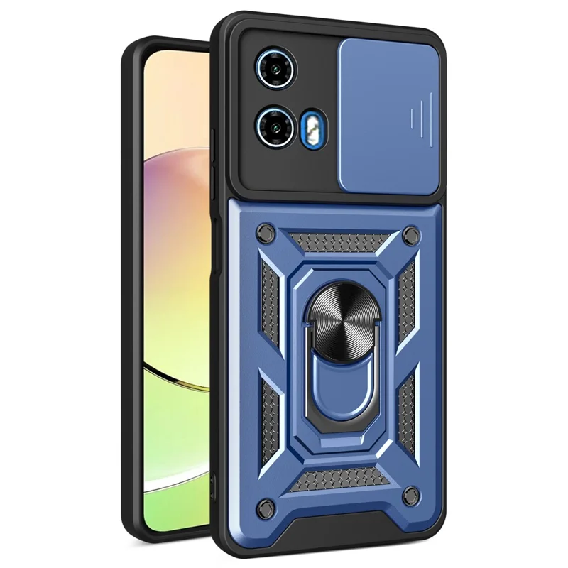 For Motorola Moto G04 4G / G24 4G Phone Shell PC+TPU Back Cover with Lens Protector + Kickstand - Blue
