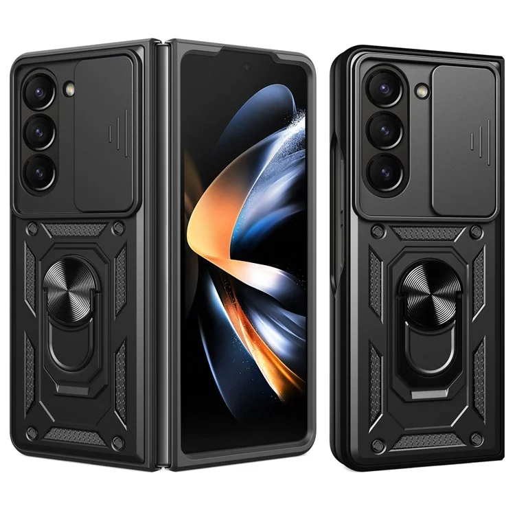 Für Samsung Galaxy Z Fold6 5G Hülle PC+TPU Telefon Schutzhülle mit Linsenschutz Ständer Telefonschale - Schwarz