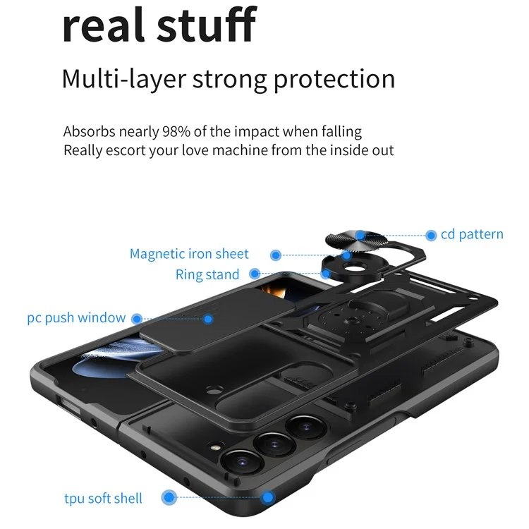 Für Samsung Galaxy Z Fold6 5G Hülle PC+TPU Telefon Schutzhülle mit Linsenschutz Ständer Telefonschale - Schwarz