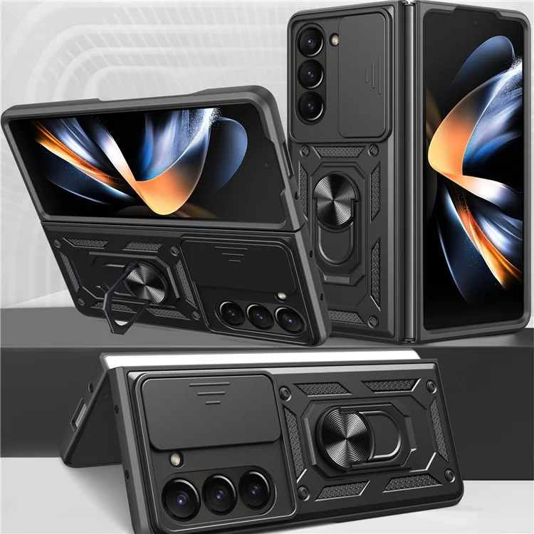 Für Samsung Galaxy Z Fold6 5G Hülle PC+TPU Telefon Schutzhülle mit Linsenschutz Ständer Telefonschale - Schwarz