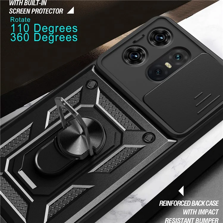 Для Motorola Edge 50 Pro 5G Чехол PC+TPU с защитой объектива + подставка - Черный
