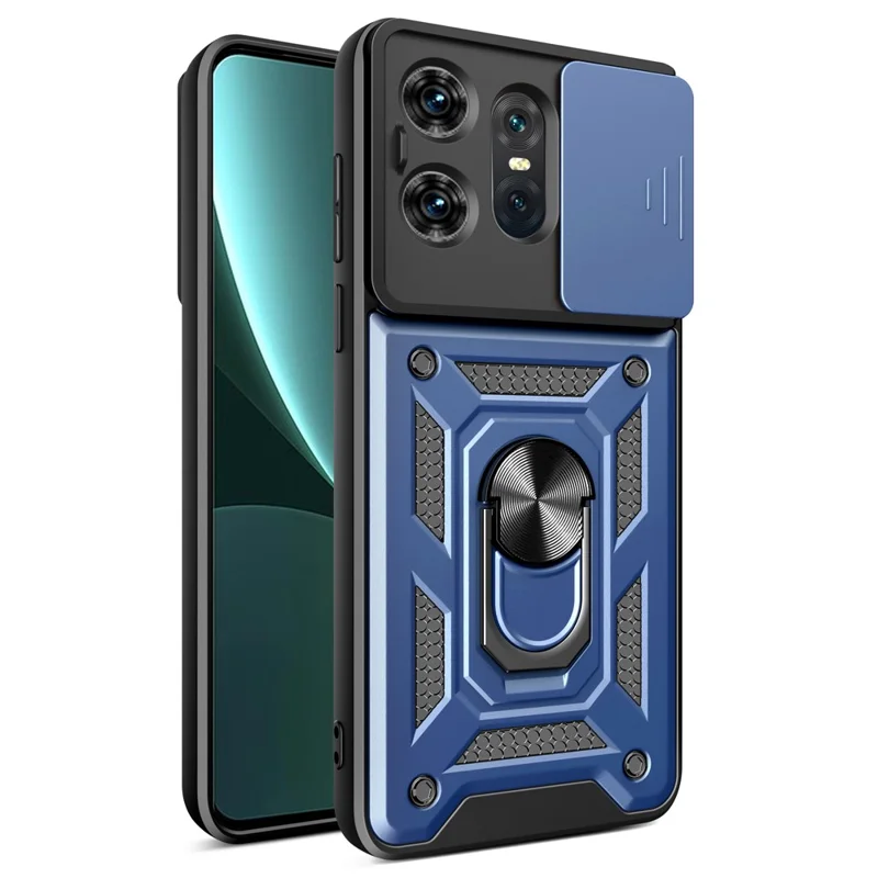 For Motorola Edge 50 Pro 5G Case PC+TPU Back Cover with Lens Protector + Kickstand - Blue