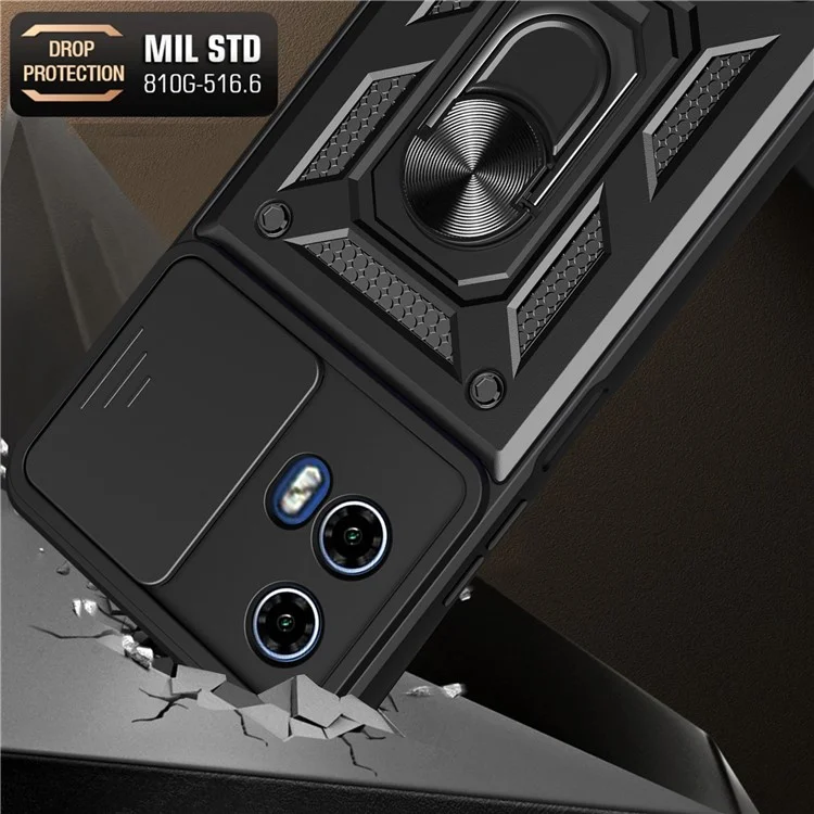 Para Motorola Moto G45 5G / G34 5G Funda Carcasa Protectora de Teléfono PC+TPU con Protector de Lente Soporte Kickstand Carcasa de Teléfono - Negro