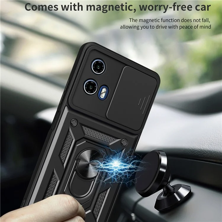 Para Motorola Moto G45 5G / G34 5G Funda Carcasa Protectora de Teléfono PC+TPU con Protector de Lente Soporte Kickstand Carcasa de Teléfono - Negro