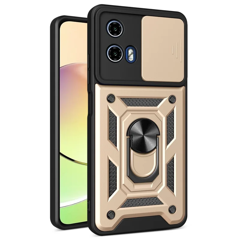 For 	Motorola Moto G45 5G / G34 5G Case PC+TPU Phone Protective Cover with Lens Protector Kickstand Phone Shell - Gold