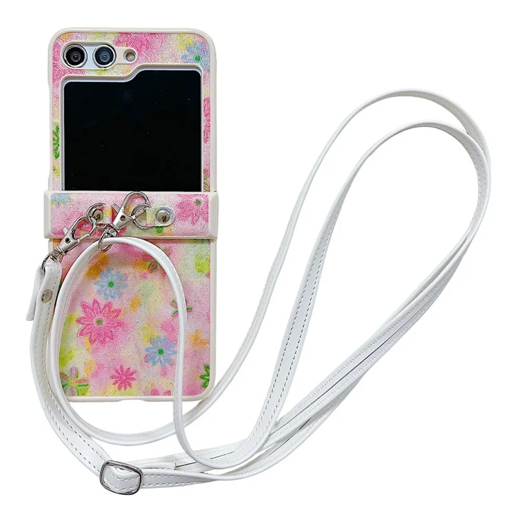 Для Samsung Galaxy Z Flip5 5G PC Case Glittery Powder Flower Pattern Phone Protective Cover with White Strap - Pink