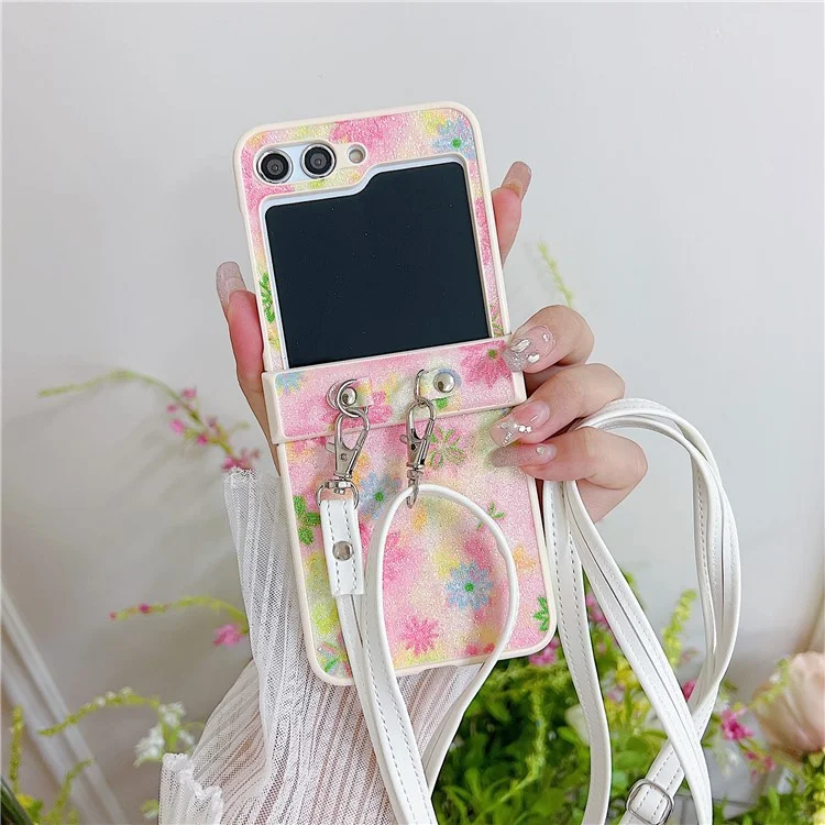 Для Samsung Galaxy Z Flip5 5G PC Case Glittery Powder Flower Pattern Phone Protective Cover with White Strap - Pink