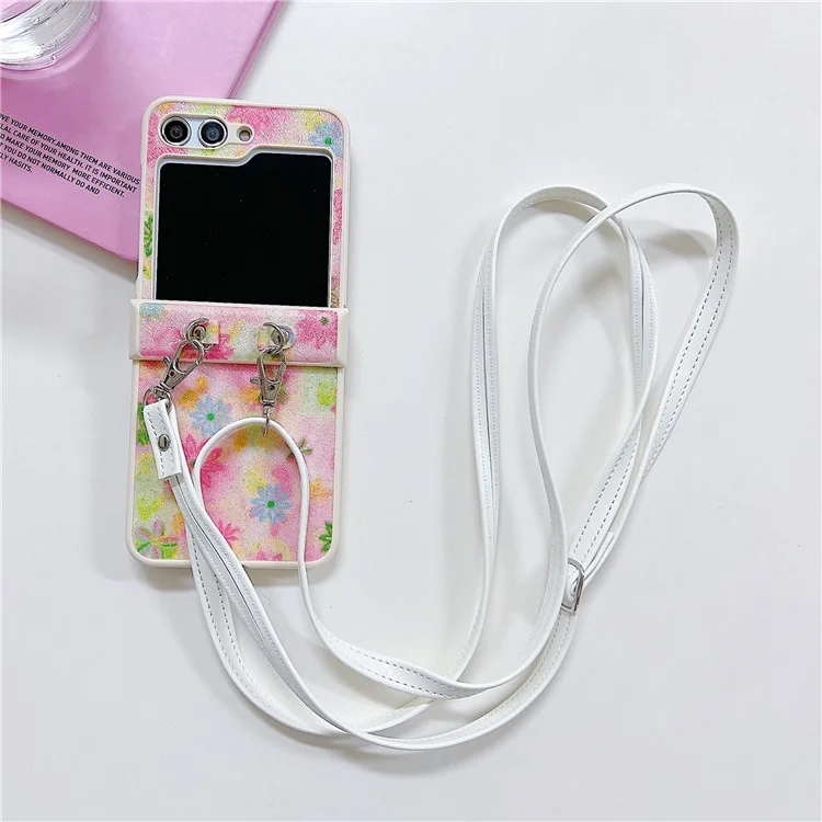 Для Samsung Galaxy Z Flip5 5G PC Case Glittery Powder Flower Pattern Phone Protective Cover with White Strap - Pink