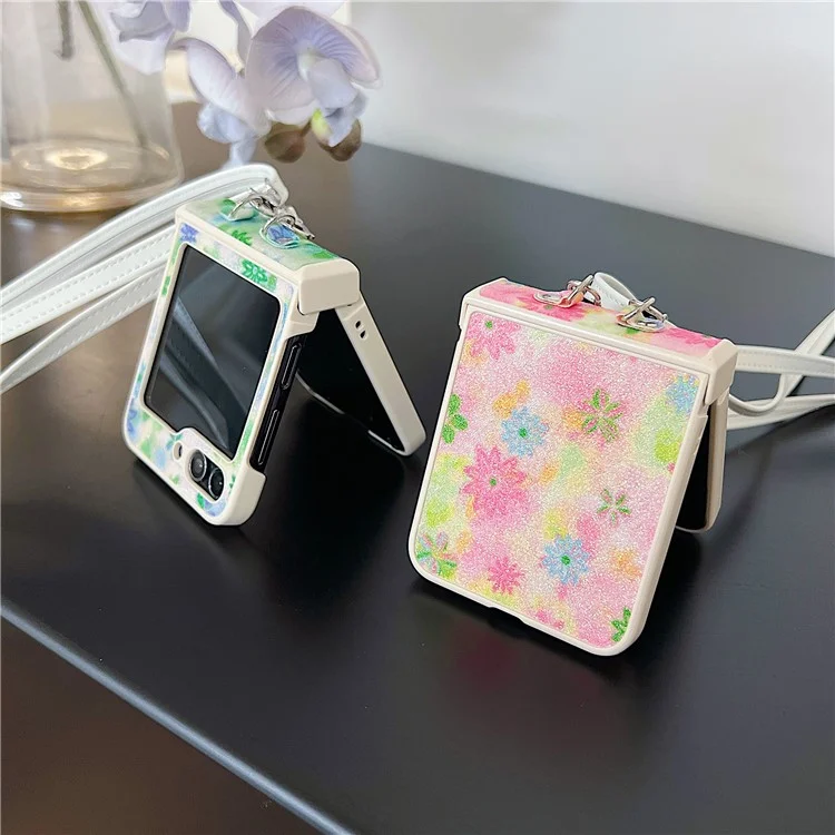 Для Samsung Galaxy Z Flip5 5G PC Case Glittery Powder Flower Pattern Phone Protective Cover with White Strap - Pink