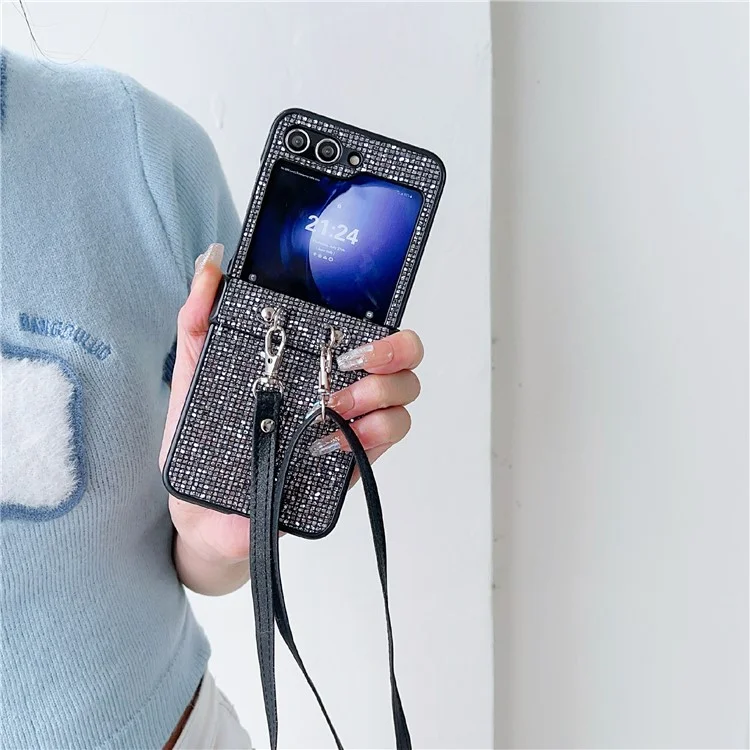 Für Samsung Galaxy Z Flip5 5G Hülle Pailletten-Dekor Harte PC Anti-Drop Phone Cover mit Umhängegurt - Schwarz / Grau