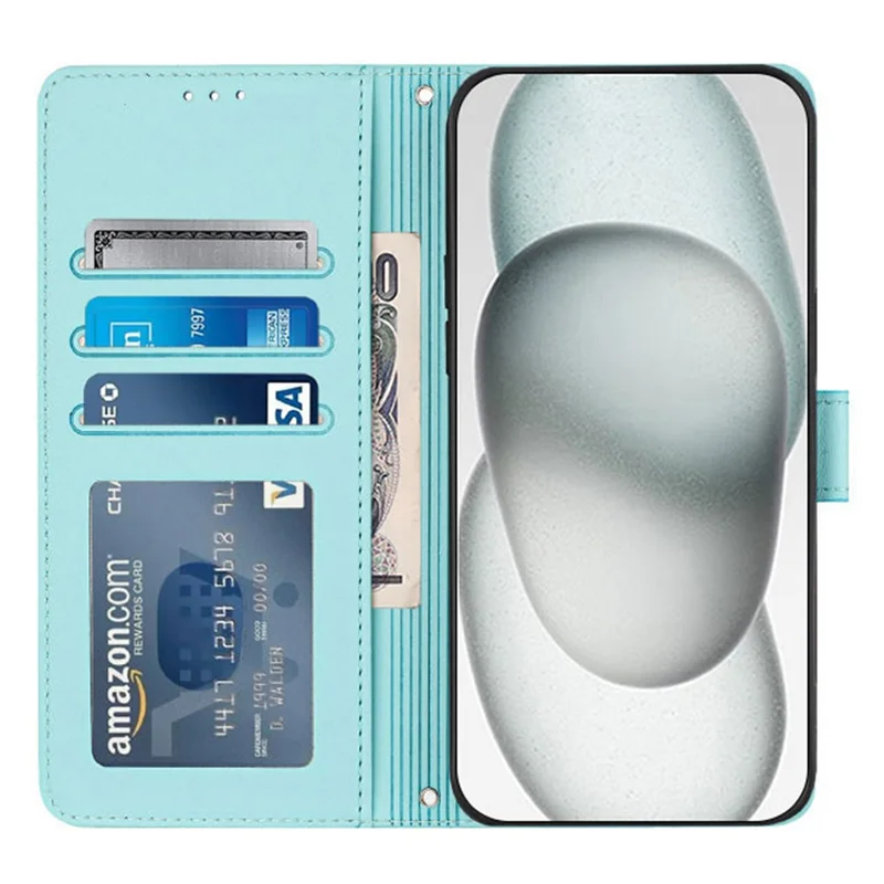 For iPhone 14 Pro Max Case with Strap RFID Blocking Leather Wallet Phone Cover Cat Mouse Pattern - Mint Green