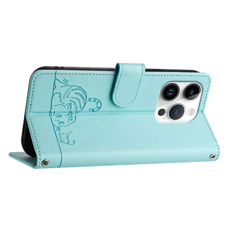 For iPhone 14 Pro Max Case with Strap RFID Blocking Leather Wallet Phone Cover Cat Mouse Pattern - Mint Green