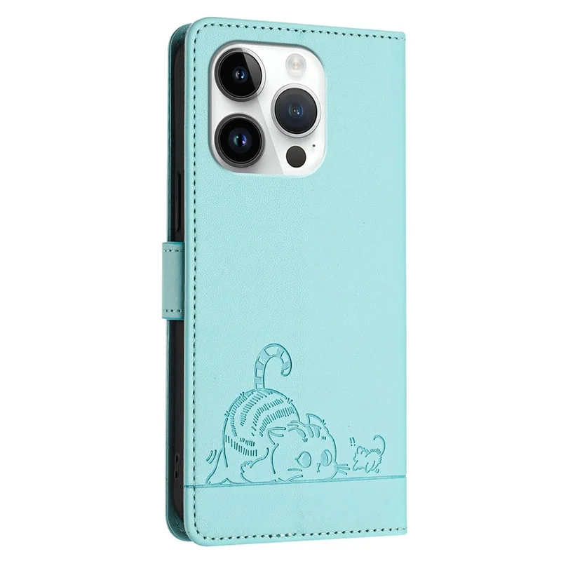 For iPhone 14 Pro Max Case with Strap RFID Blocking Leather Wallet Phone Cover Cat Mouse Pattern - Mint Green