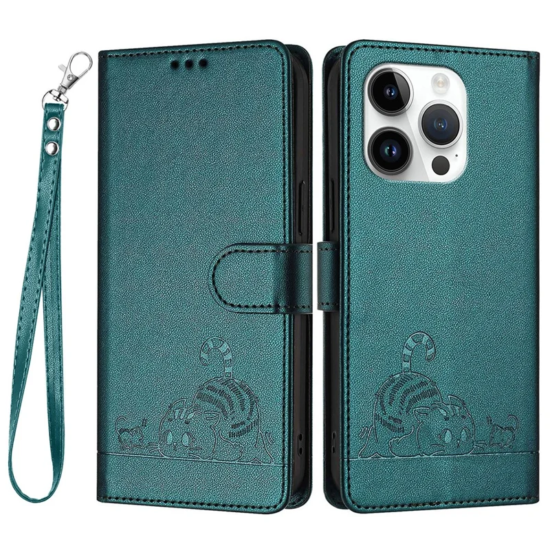 For iPhone 14 Pro Max Case with Strap RFID Blocking Leather Wallet Phone Cover Cat Mouse Pattern - Dark Green