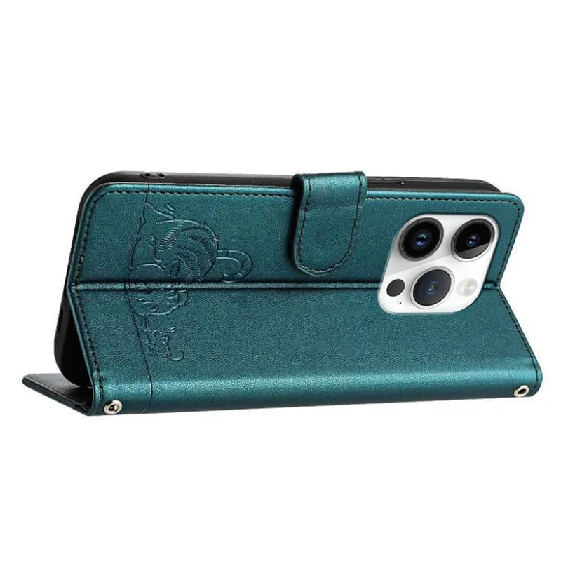 For iPhone 14 Pro Max Case with Strap RFID Blocking Leather Wallet Phone Cover Cat Mouse Pattern - Dark Green