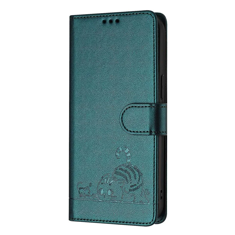 For iPhone 14 Pro Max Case with Strap RFID Blocking Leather Wallet Phone Cover Cat Mouse Pattern - Dark Green
