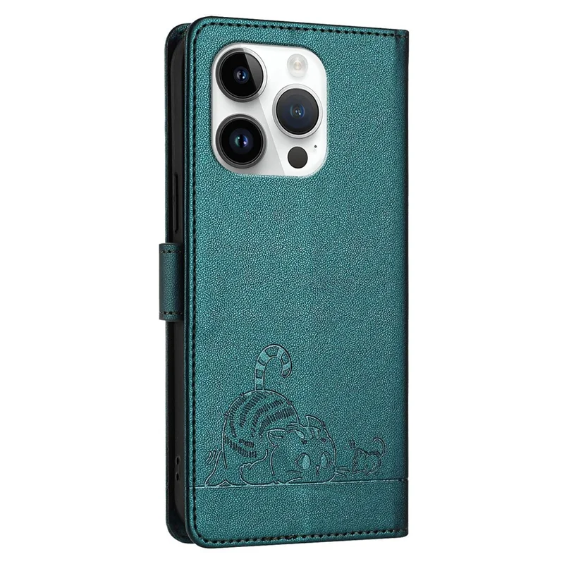 For iPhone 14 Pro Max Case with Strap RFID Blocking Leather Wallet Phone Cover Cat Mouse Pattern - Dark Green