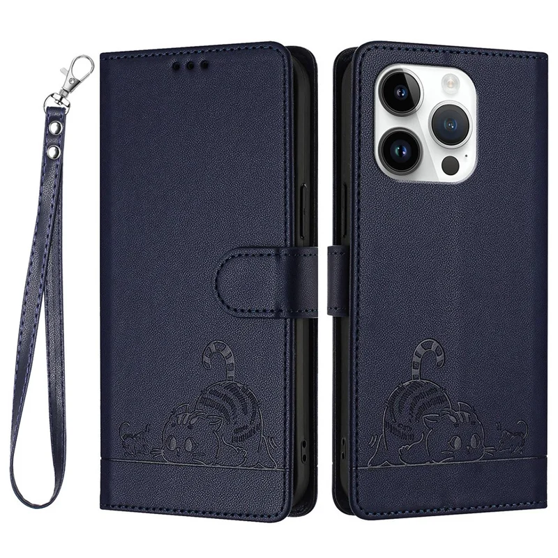 For iPhone 14 Pro Max Case with Strap RFID Blocking Leather Wallet Phone Cover Cat Mouse Pattern - Sapphire