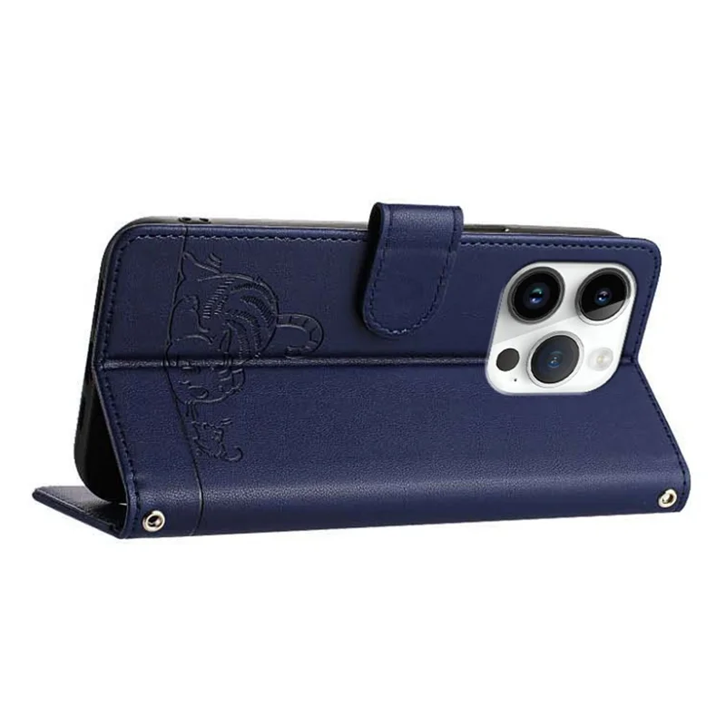 For iPhone 14 Pro Max Case with Strap RFID Blocking Leather Wallet Phone Cover Cat Mouse Pattern - Sapphire