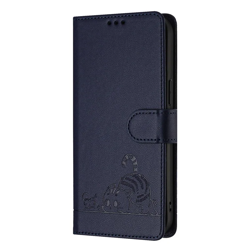 For iPhone 14 Pro Max Case with Strap RFID Blocking Leather Wallet Phone Cover Cat Mouse Pattern - Sapphire