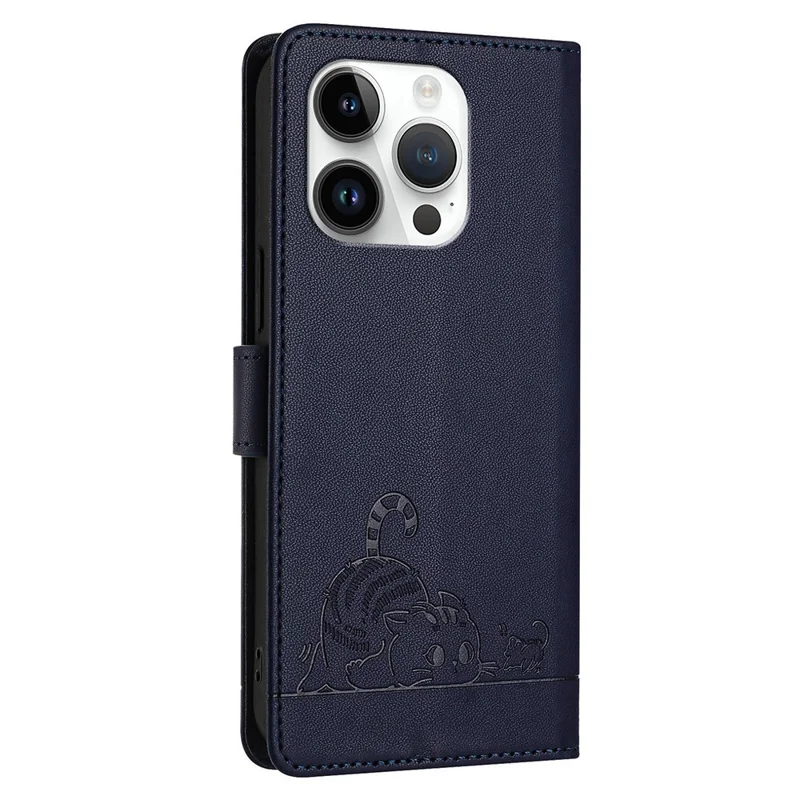 For iPhone 14 Pro Max Case with Strap RFID Blocking Leather Wallet Phone Cover Cat Mouse Pattern - Sapphire