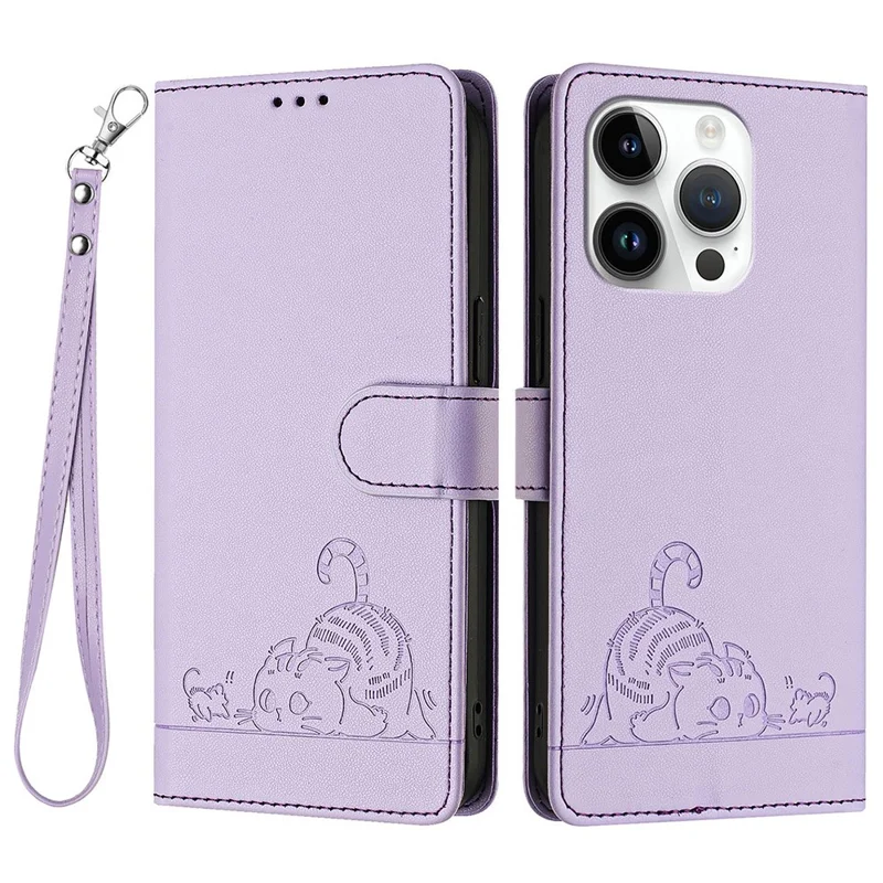 For iPhone 14 Pro Max Case with Strap RFID Blocking Leather Wallet Phone Cover Cat Mouse Pattern - Purple