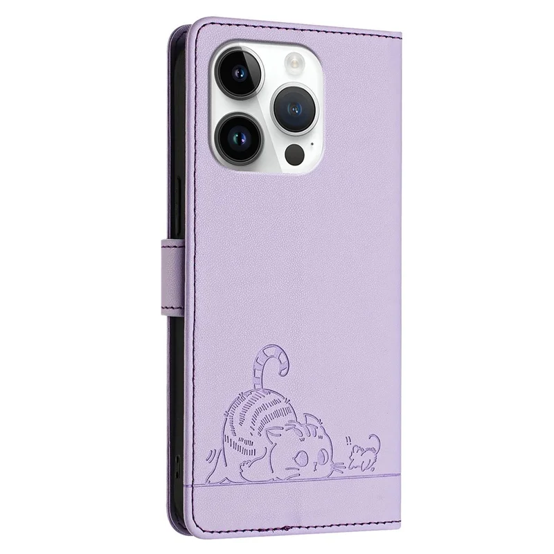 For iPhone 14 Pro Max Case with Strap RFID Blocking Leather Wallet Phone Cover Cat Mouse Pattern - Purple