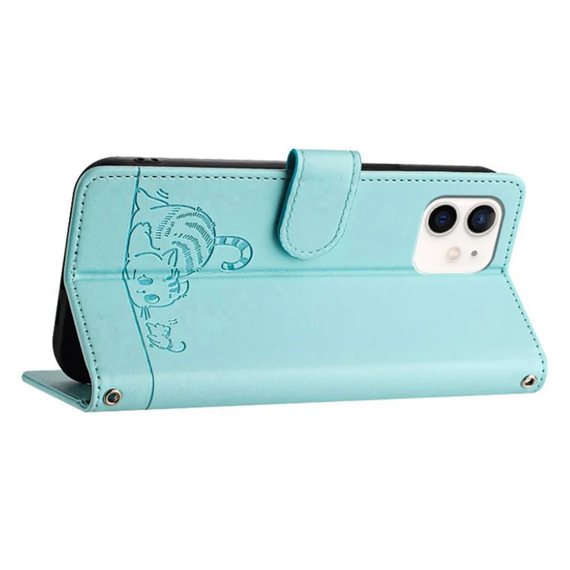 For iPhone 12 / 12 Pro Case with Strap RFID Blocking Leather Wallet Phone Cover Cat Mouse Pattern - Mint Green
