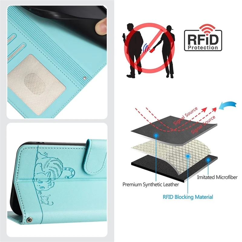 For iPhone 12 / 12 Pro Case with Strap RFID Blocking Leather Wallet Phone Cover Cat Mouse Pattern - Mint Green