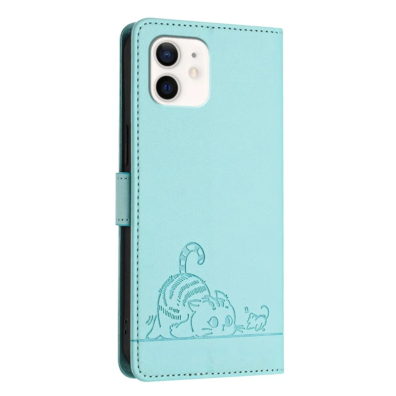 For iPhone 12 / 12 Pro Case with Strap RFID Blocking Leather Wallet Phone Cover Cat Mouse Pattern - Mint Green