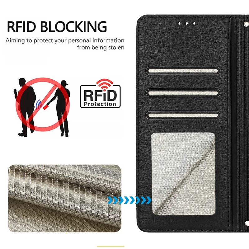 For iPhone 13 / 14 Case with Strap RFID Blocking Leather Wallet Phone Cover Cat Mouse Pattern - Black